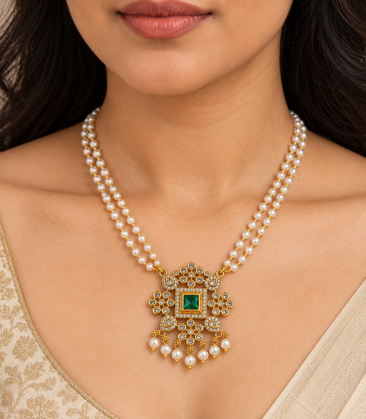 Closeup of the green square pendant, clear details and pearl-style drops