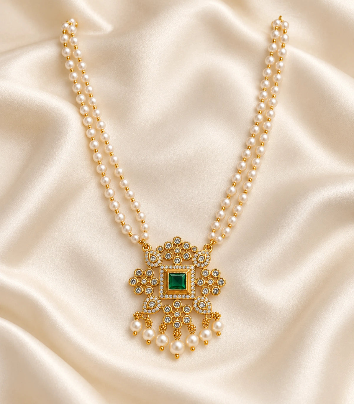 Gold Emerald Double Pearl Pendant Necklace arranged on cream fabric