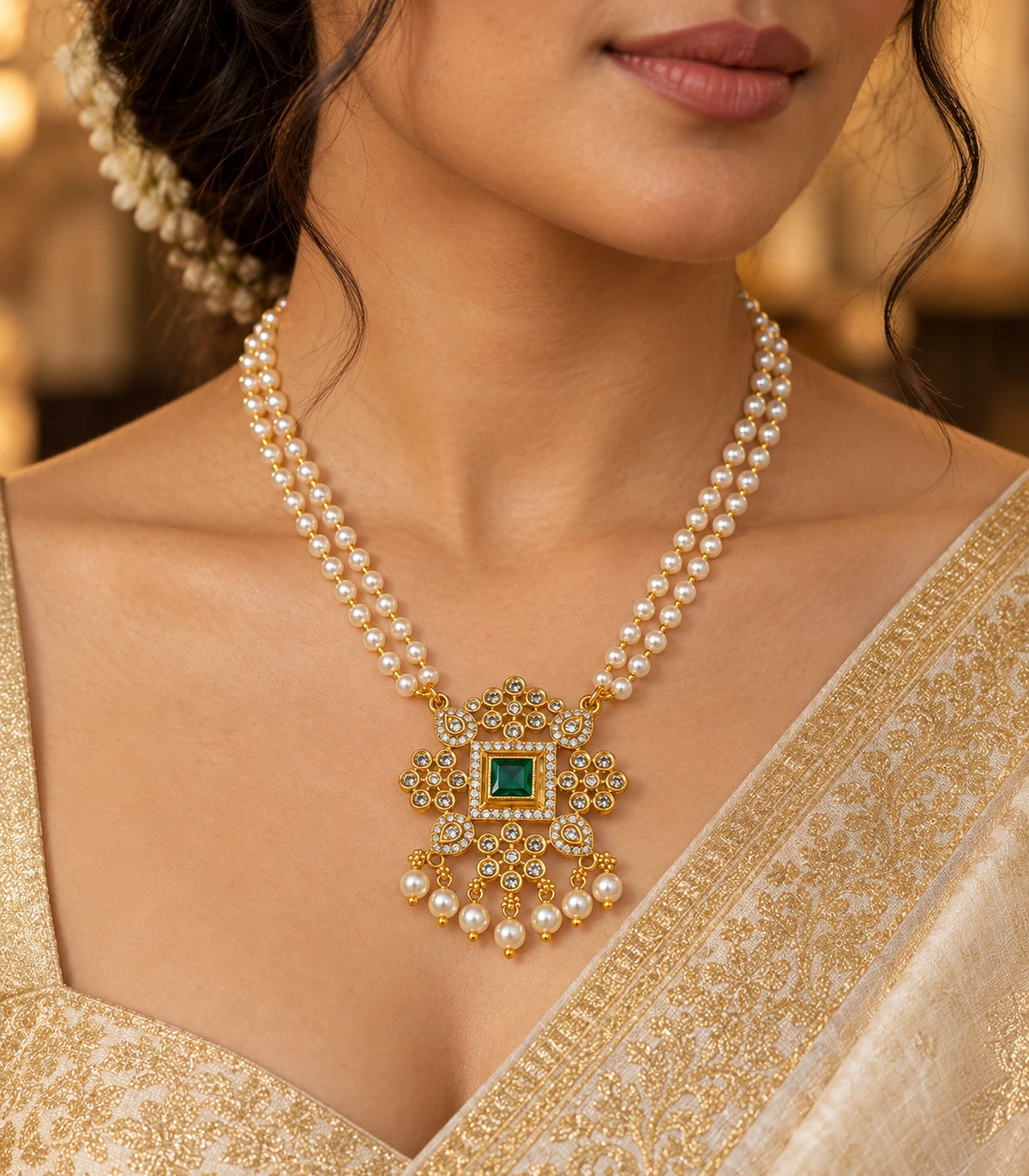 Gold Emerald Double Pearl Pendant Necklace worn in warm editorial lighting