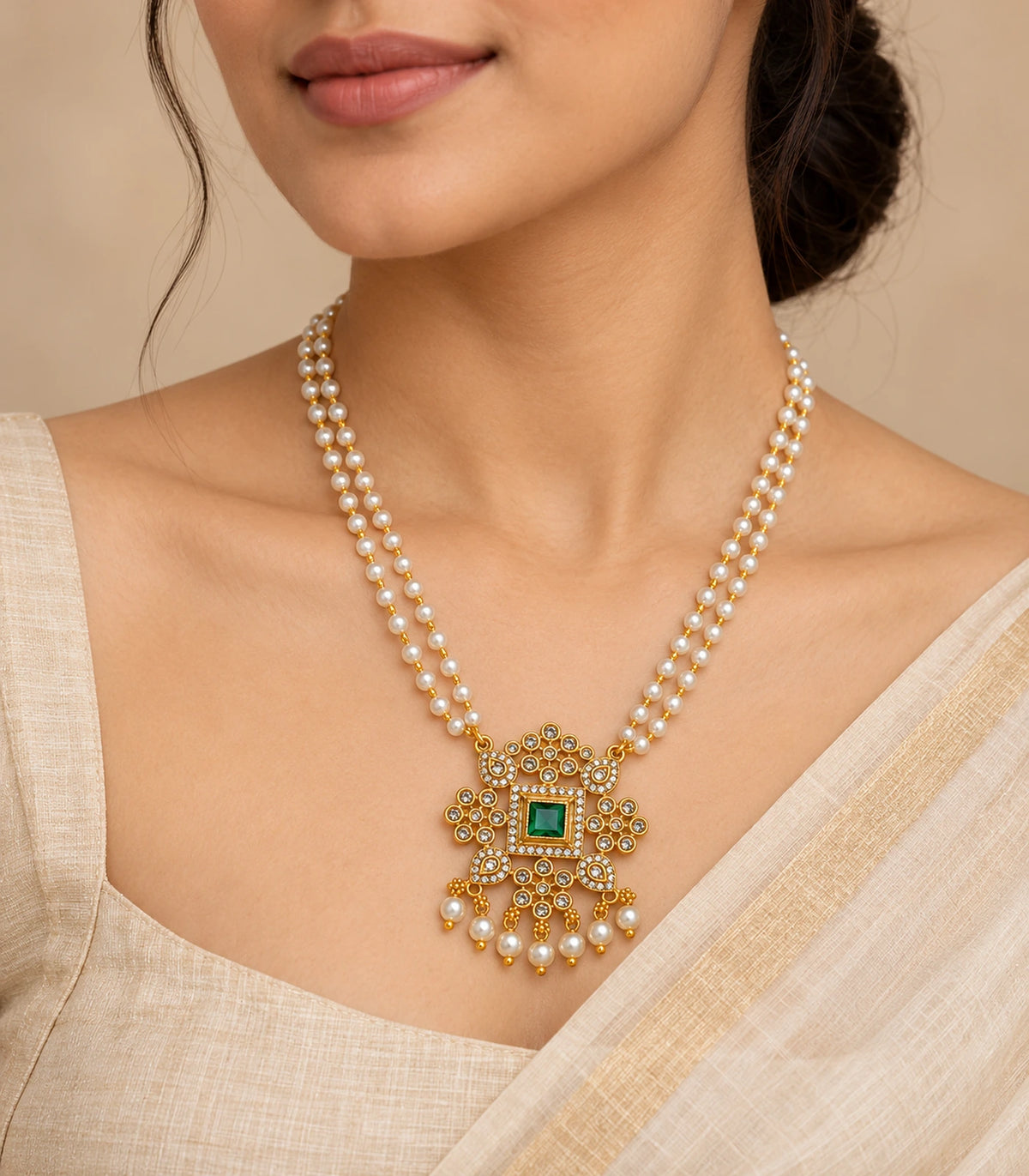 Gold Emerald Double Pearl Pendant Necklace worn with a cream outfit