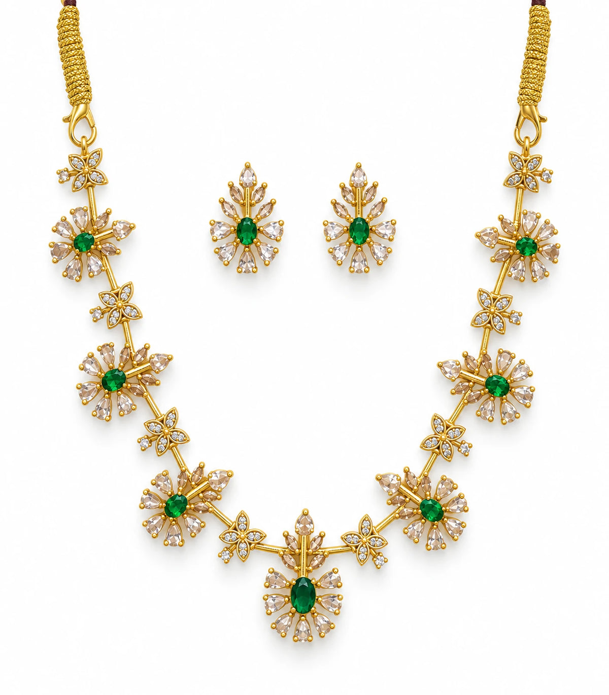 Gold Emerald Floral Crystal Necklace Set with matching pair of earrings on white background