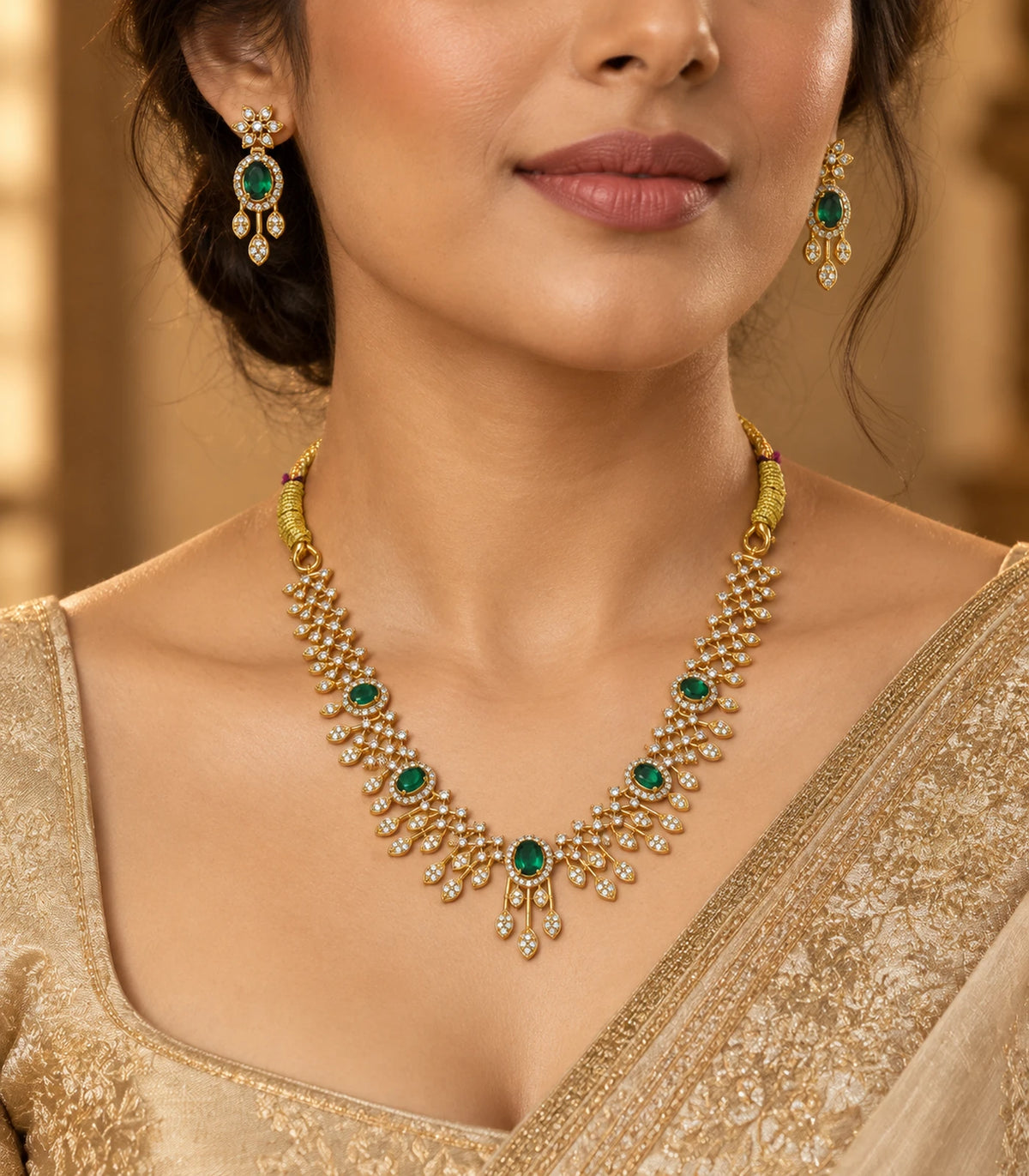 Warm-lit worn view of the emerald-green necklace and matching earrings