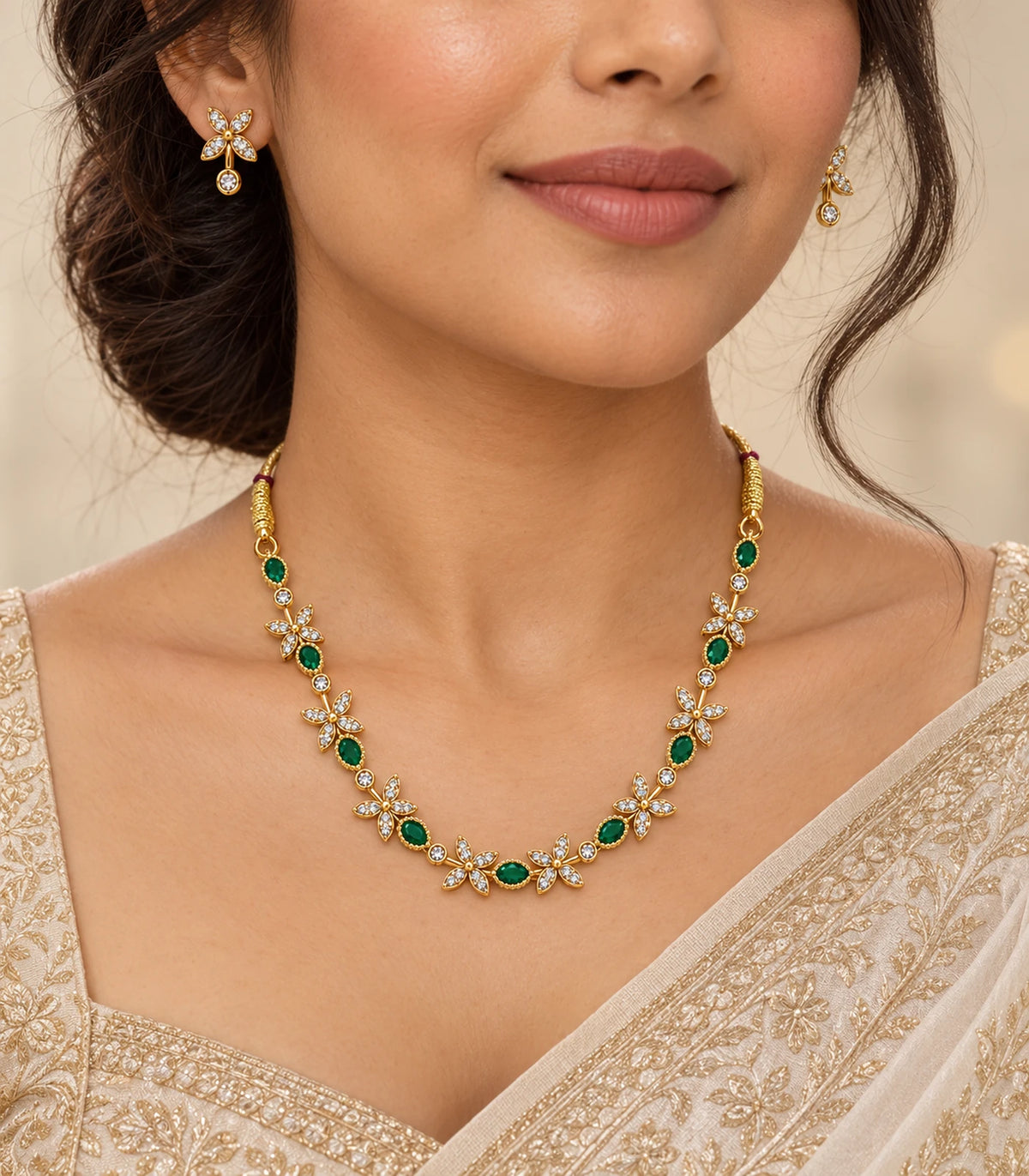 Gold Emerald Floral Crystal Necklace Set worn in an editorial composition