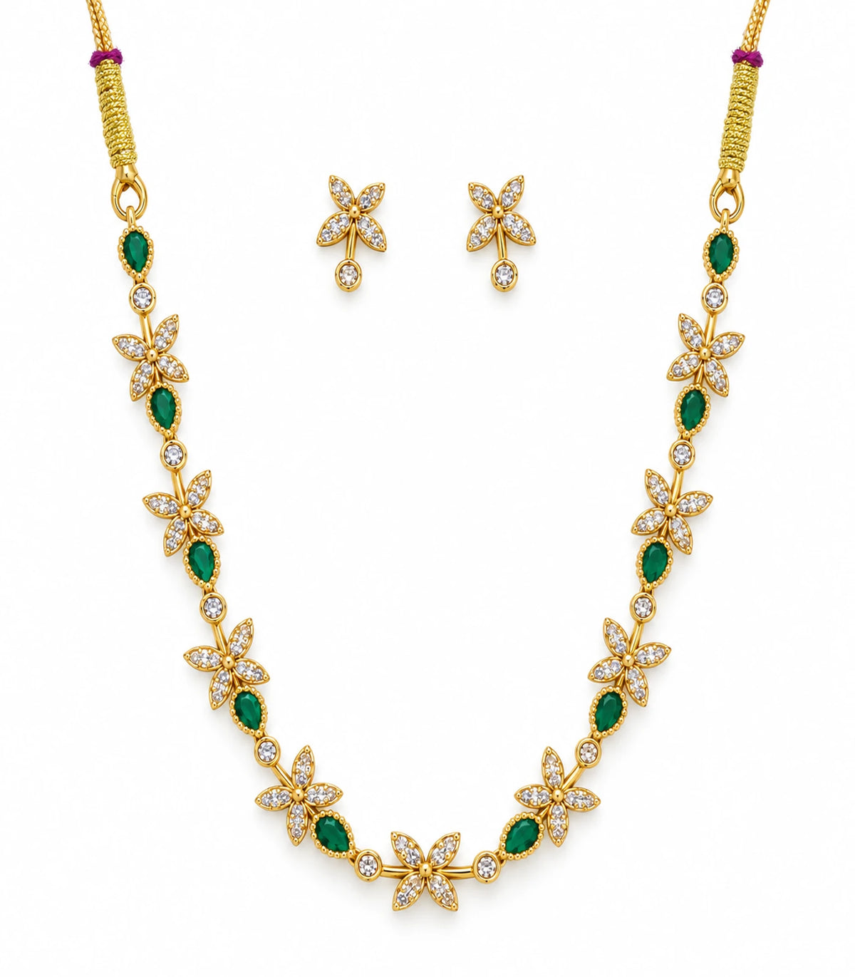 Gold Emerald Floral Crystal Necklace Set with matching earrings on white background