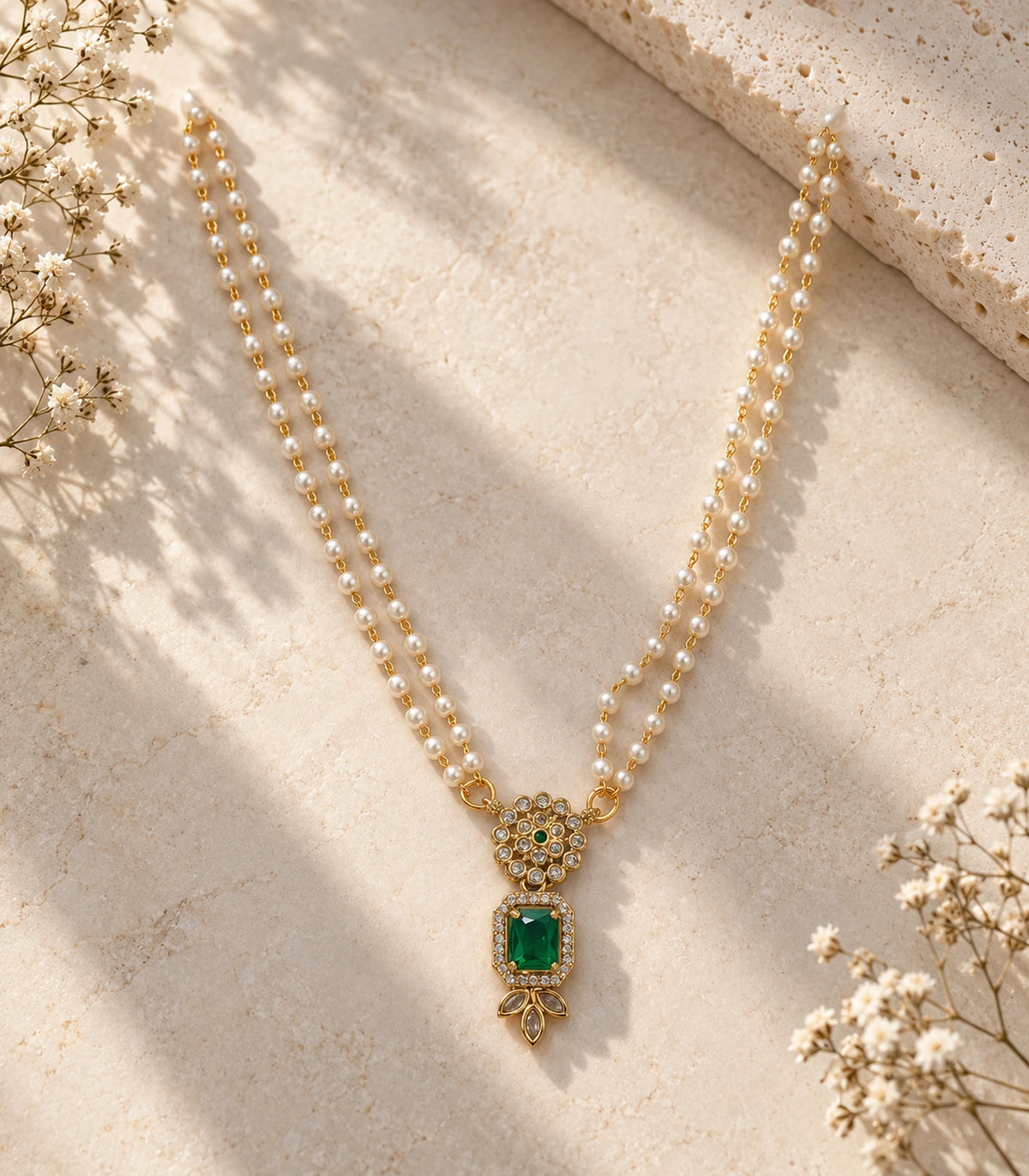 Gold Emerald Kundan Double Pearl Necklace arranged on a light stone surface