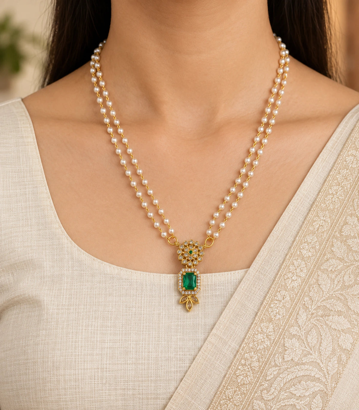 Gold Emerald Kundan Double Pearl Necklace worn with an ivory outfit