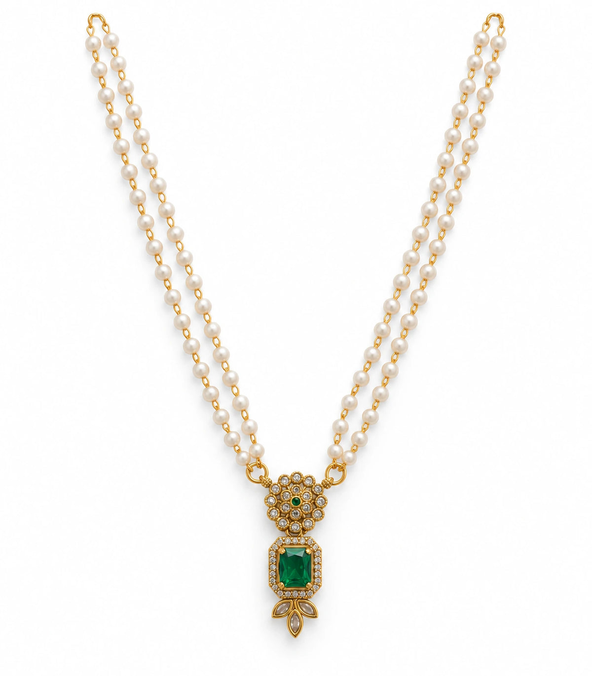 Gold Emerald Kundan Double Pearl Necklace on white background, complete necklace with green pendant and three leaf-shaped drops