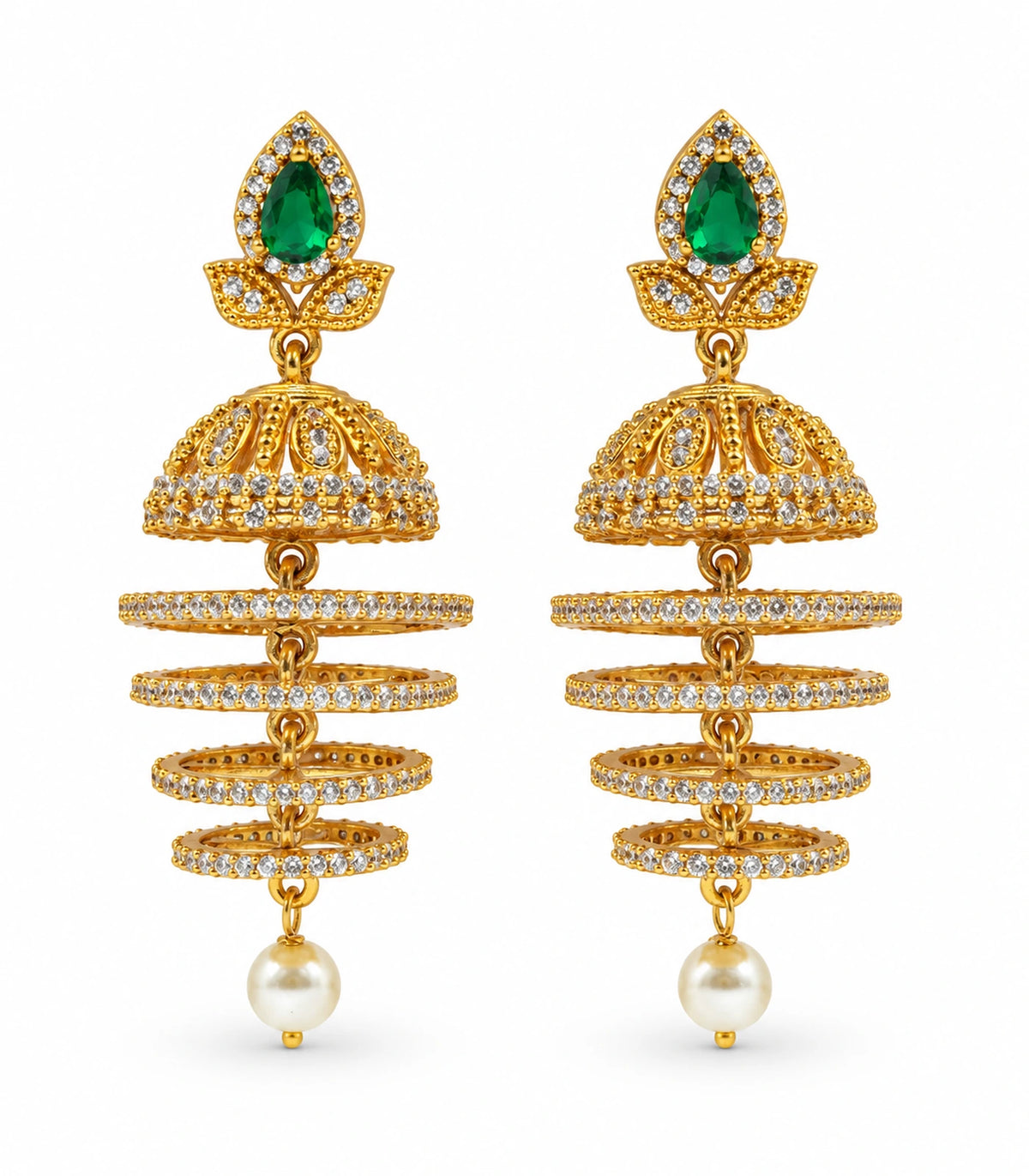 Matching pair of gold-tone earrings with green teardrop tops, clear-stone bells, four descending hoops and pearl-style drops on white