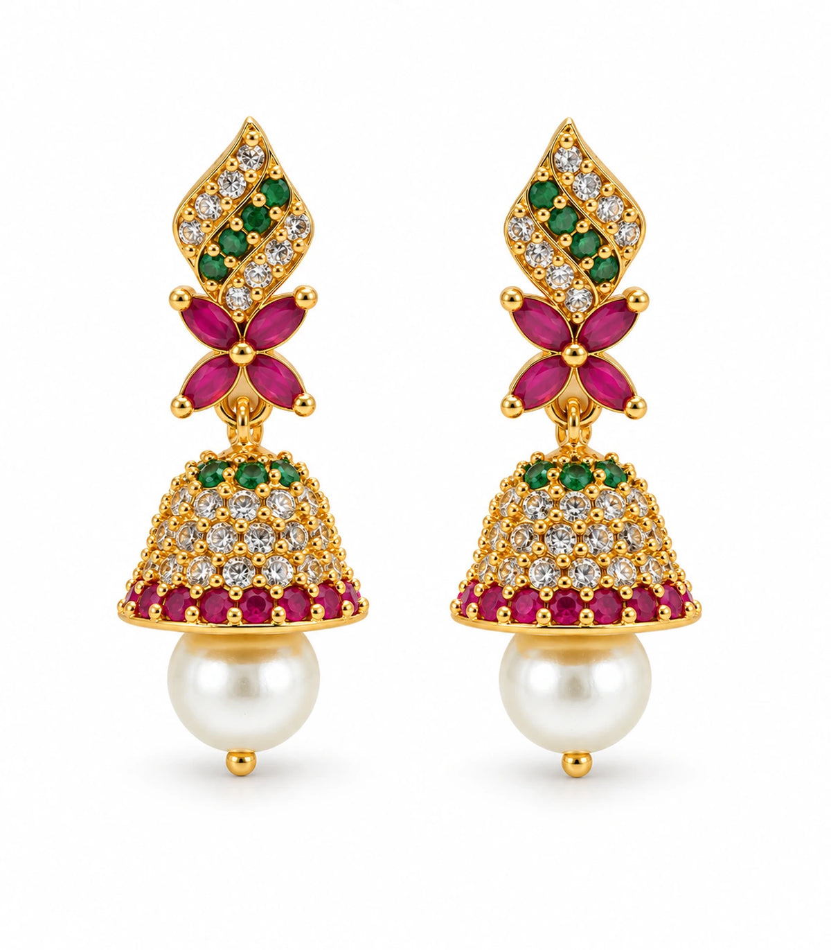 Pair of gold-tone emerald-green and magenta butterfly jhumka earrings with single pearl-style drops on white