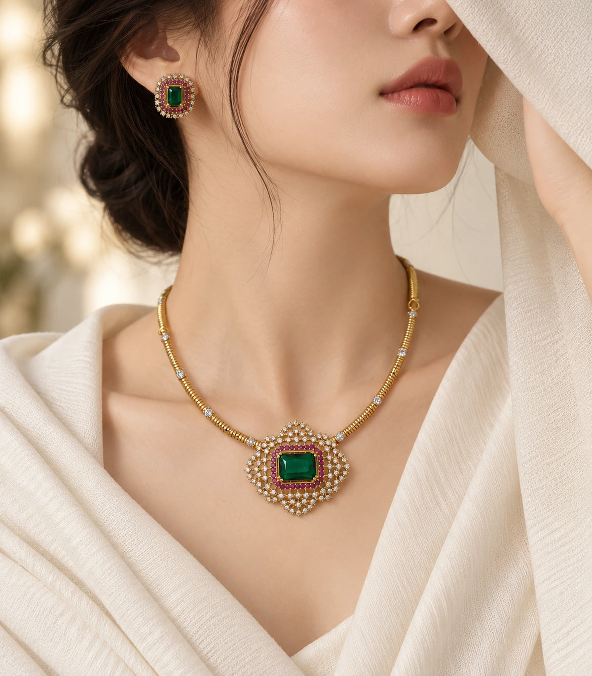 Emerald-green and magenta necklace with a matching stud in a styled worn composition