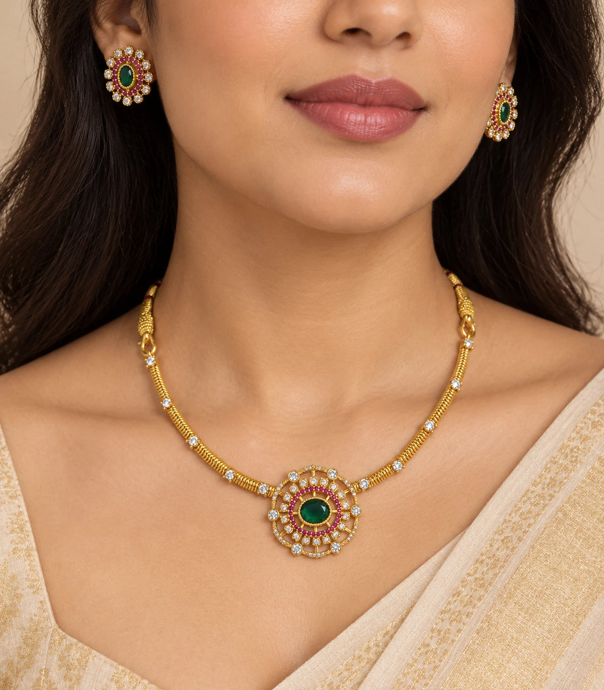 Close view of the green oval pendant, magenta ring and clear accents worn with matching stud earrings.
