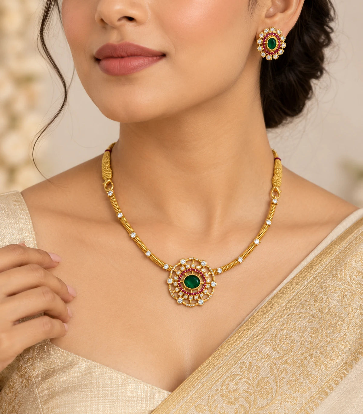 Gold Emerald Oval Crystal Necklace Set in a three-quarter worn view with matching oval stud earring.