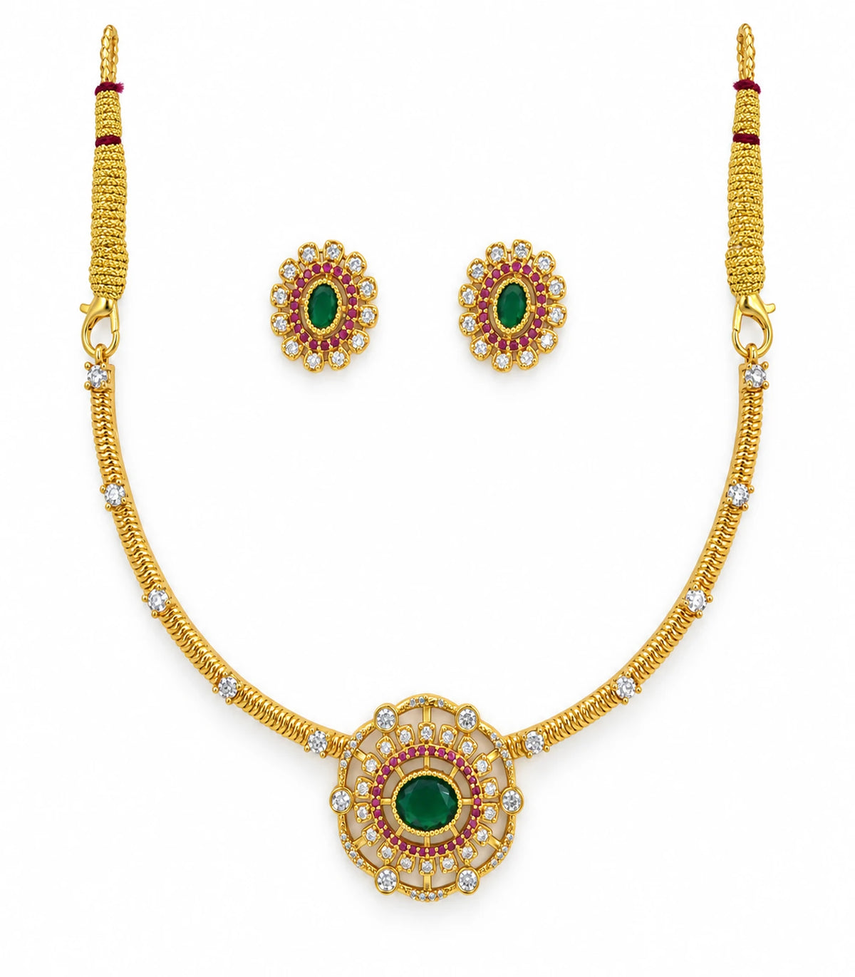 Gold Emerald Oval Crystal Necklace Set: complete necklace and matching pair of oval stud earrings on white.