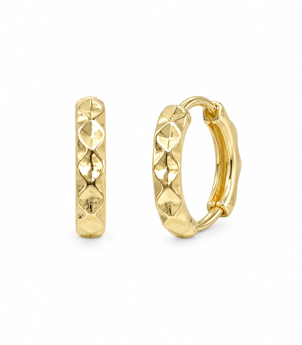 JIMIKI gold faceted diamond pattern huggie earrings, matching pair on white background #color_gold-tone