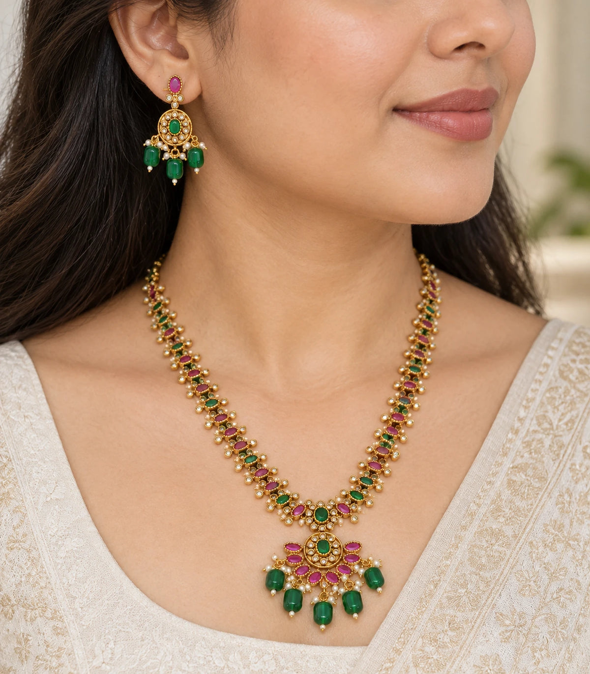 Close view of the Gold Green Magenta Fringe Necklace Set and matching earring