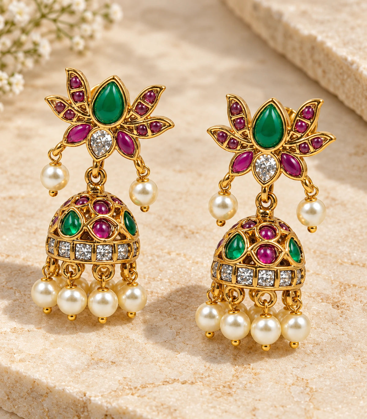 Pair of gold green and magenta lotus jhumka earrings in a styled flatlay