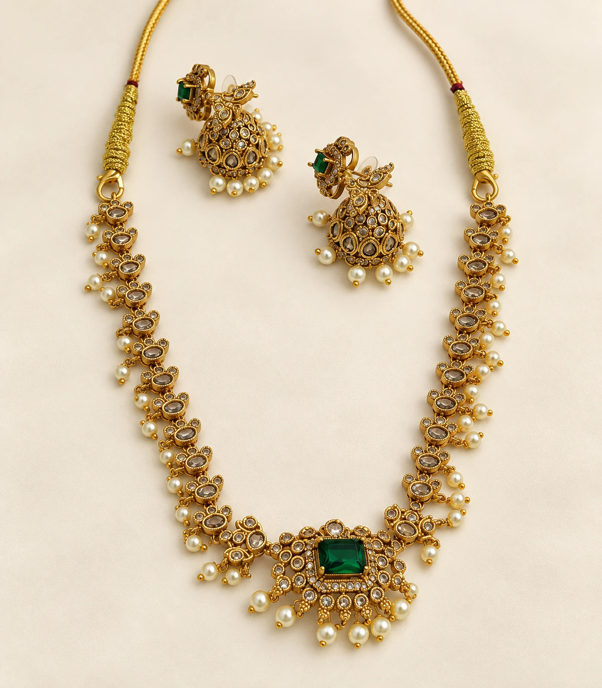 Detailed view of Gold Green Pearl Floral Necklace Set and matching earrings
