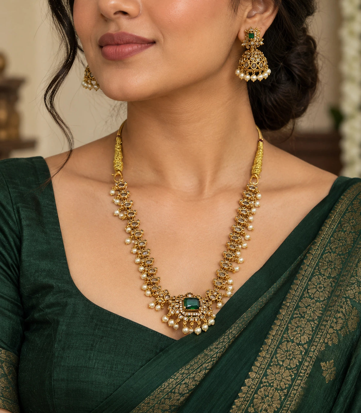 Gold Green Pearl Floral Necklace Set worn with a green outfit