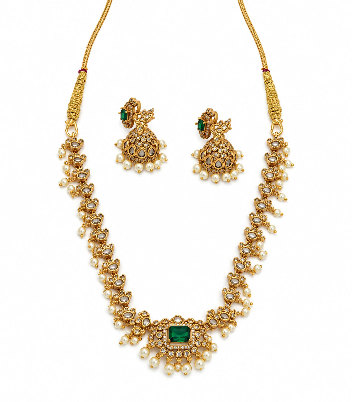 Gold Green Pearl Floral Necklace Set, necklace and two matching earrings on white