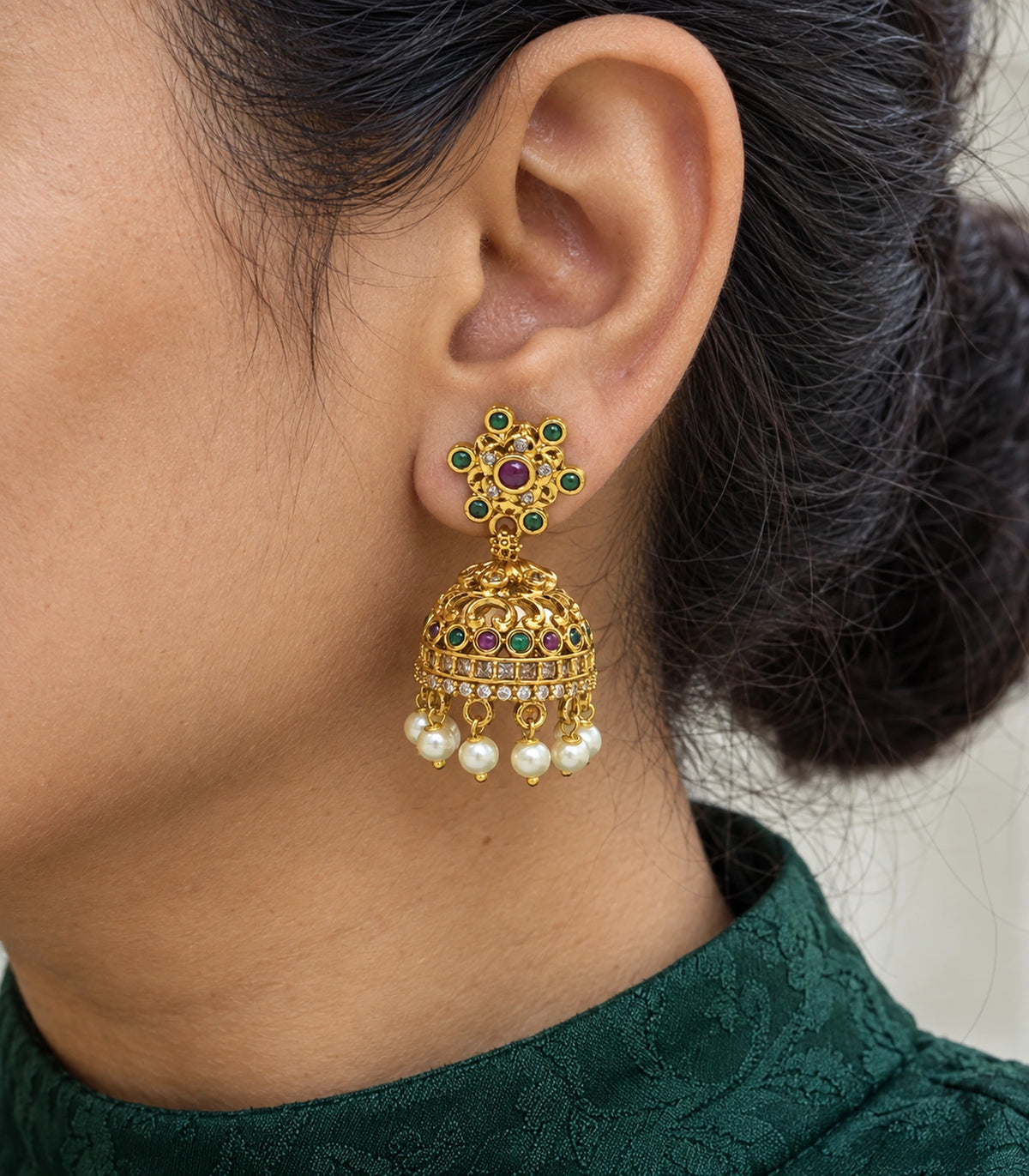 JIMIKI Gold Green Purple Flower Pearl Jhumka Earrings in Gold / Green / Purple - close-up details #color_gold-green-purple