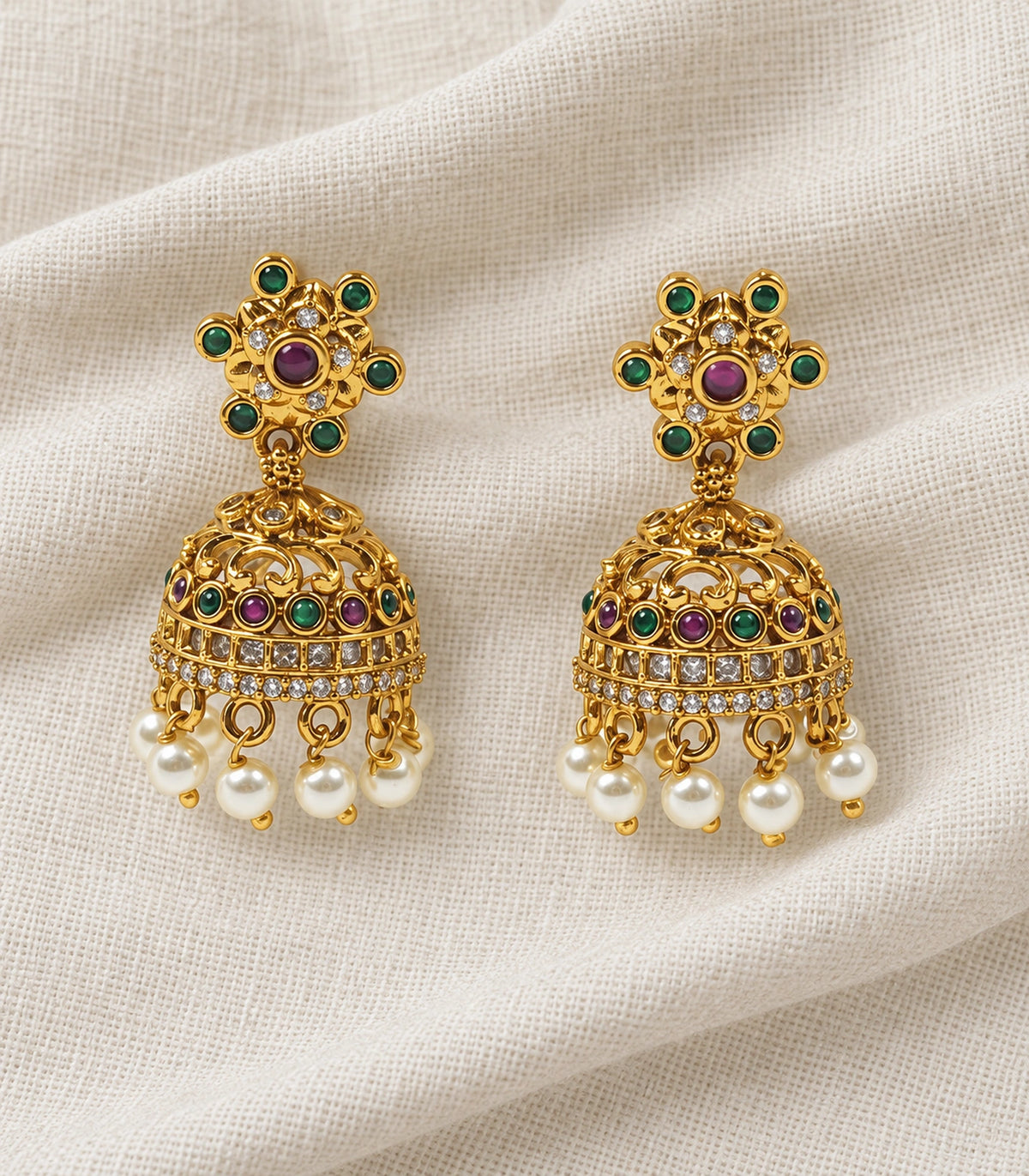 JIMIKI Gold Green Purple Flower Pearl Jhumka Earrings in Gold / Green / Purple - editorial flatlay #color_gold-green-purple