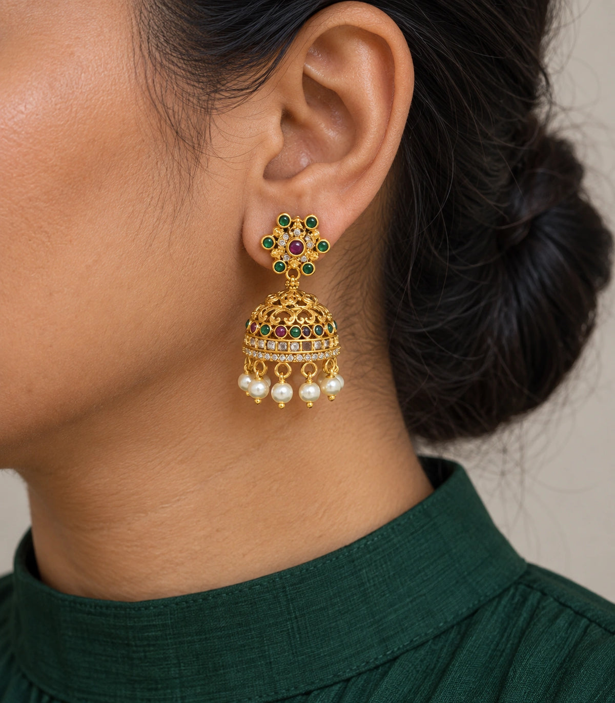 JIMIKI Gold Green Purple Flower Pearl Jhumka Earrings in Gold / Green / Purple - worn styling view #color_gold-green-purple