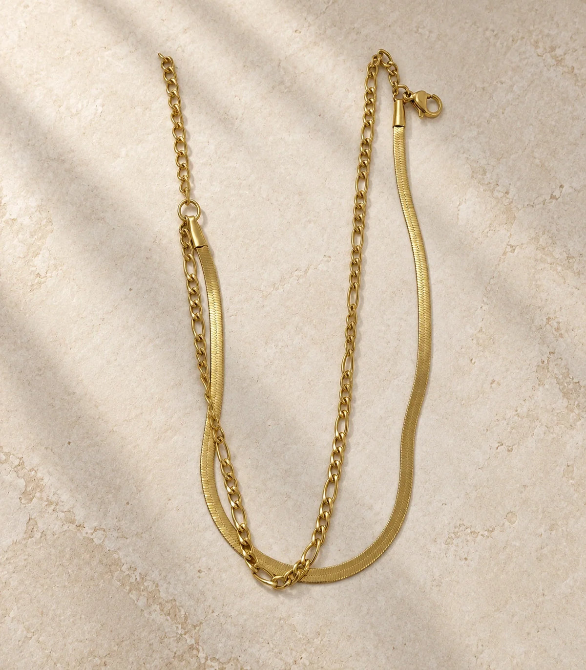 Gold Herringbone and Figaro Layered Anklet — editorial flatlay