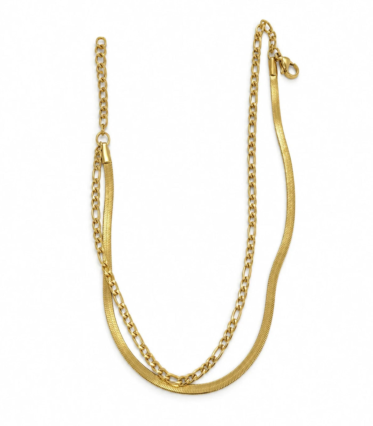 Gold Herringbone and Figaro Layered Anklet — white background