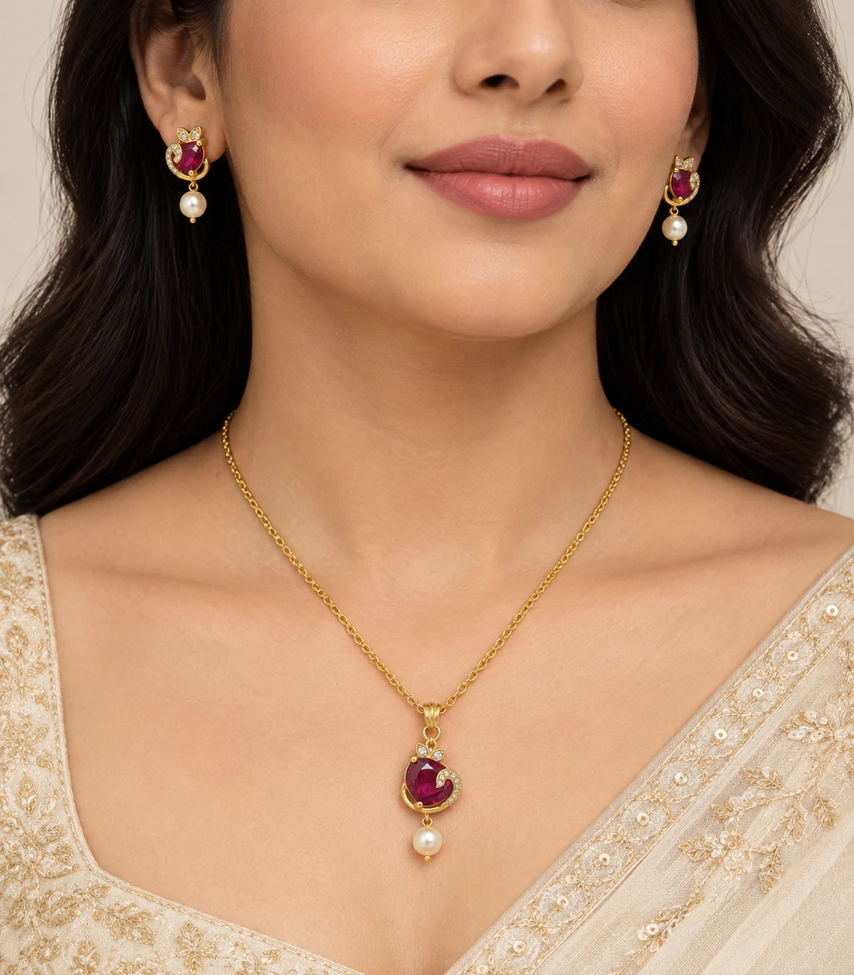 Gold magenta crescent pearl pendant necklace and matching earrings worn with an ivory outfit