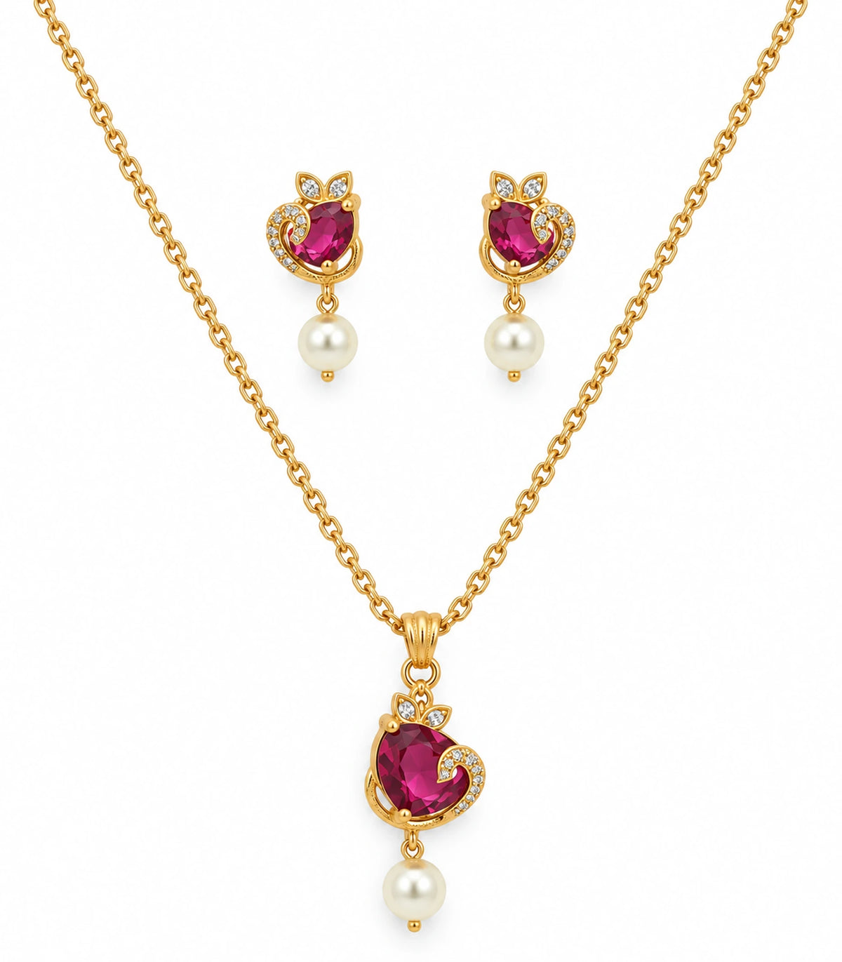 Gold magenta crescent pendant necklace with pearl drop and two matching earrings on white