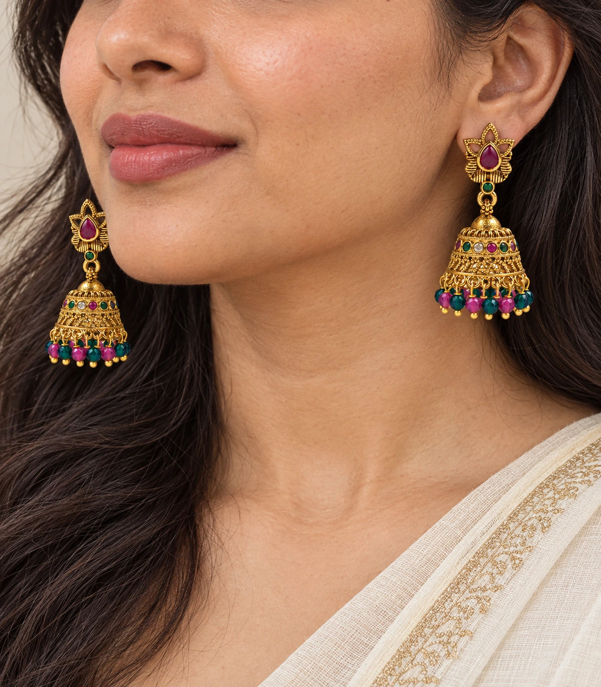 Gold Magenta Crystal Chandbali Pearl Earrings — closeup view