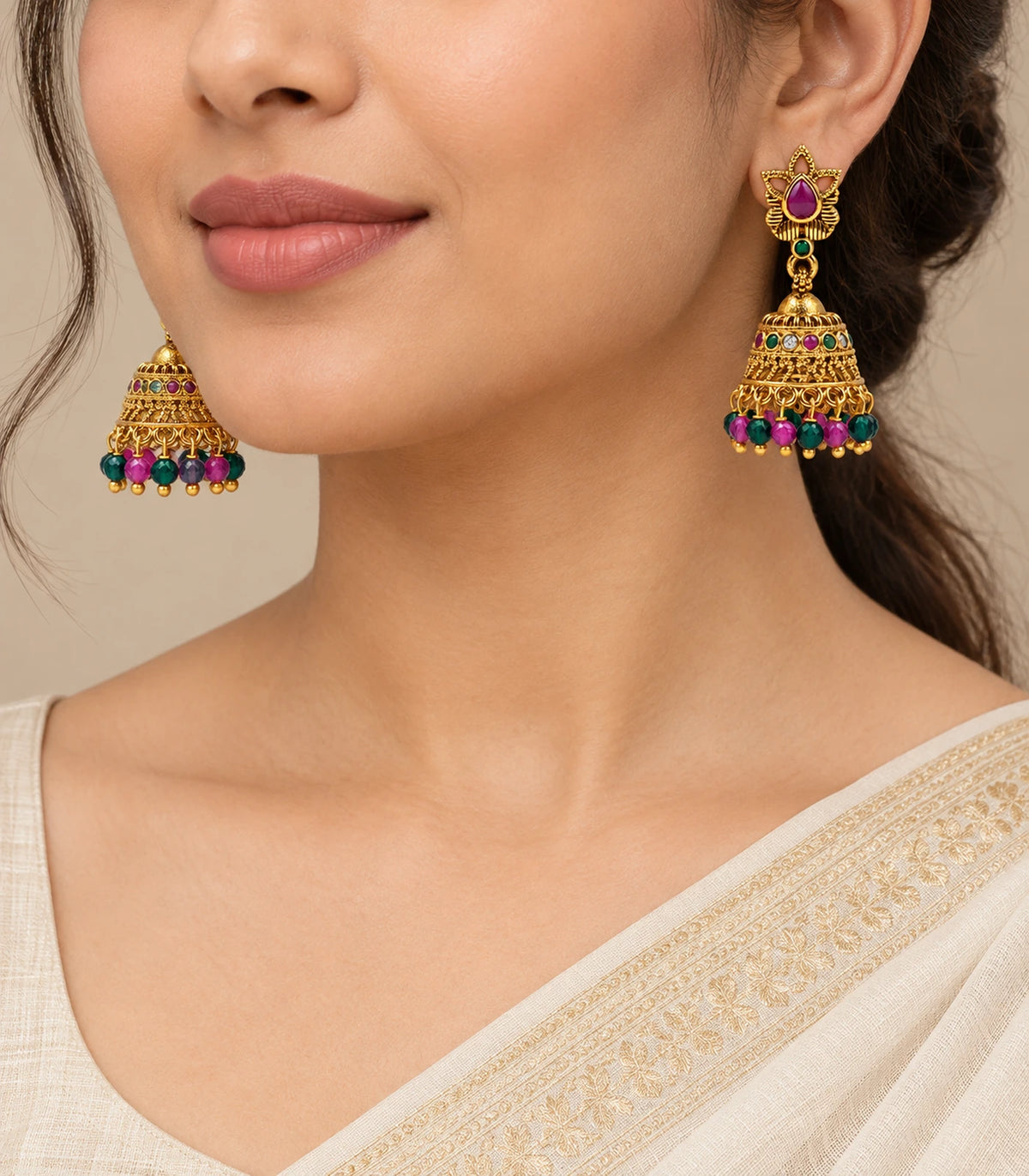 Gold Magenta Crystal Chandbali Pearl Earrings — model view