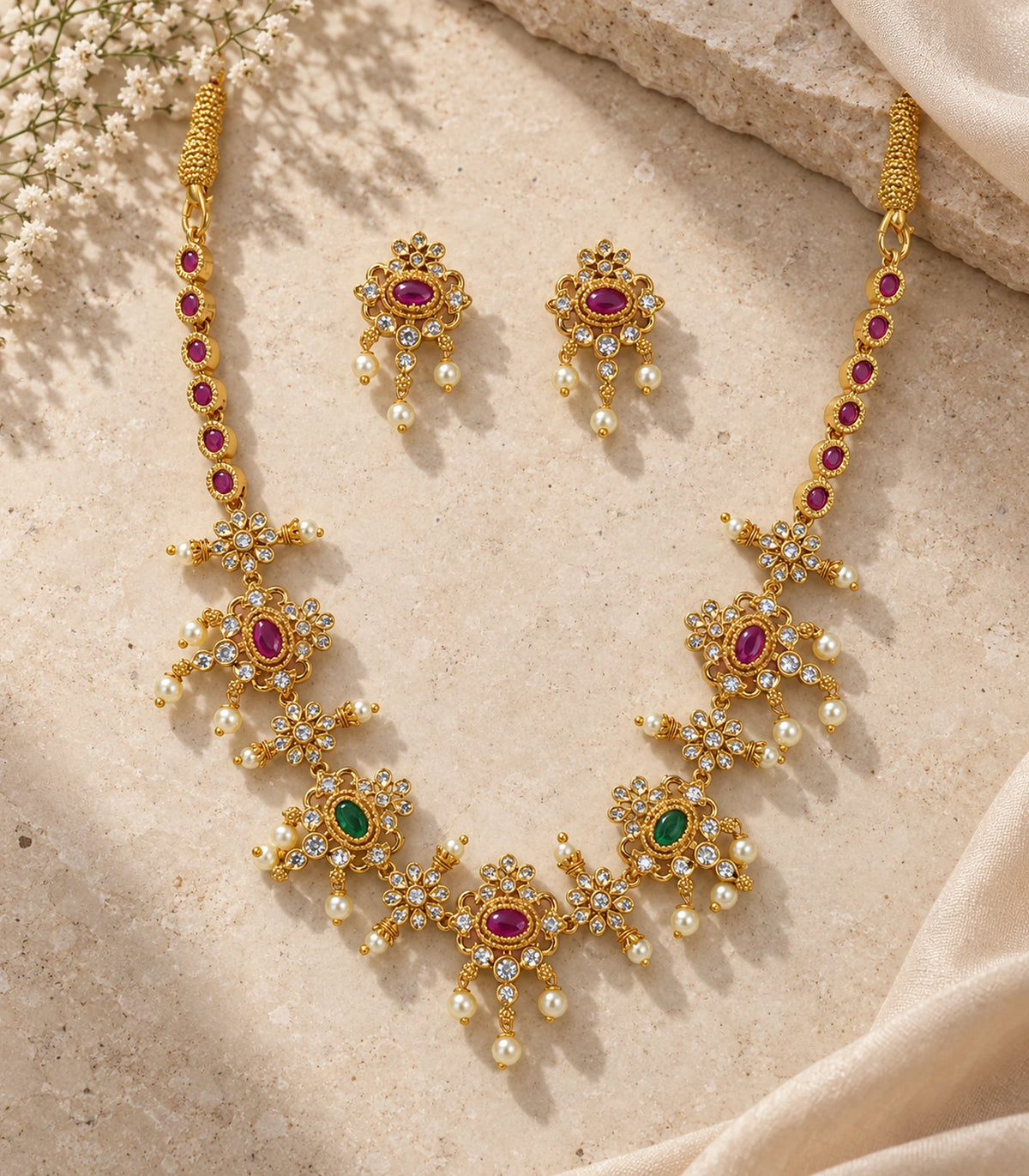 Gold-tone magenta and green floral necklace set with both matching earrings on a styled flat lay