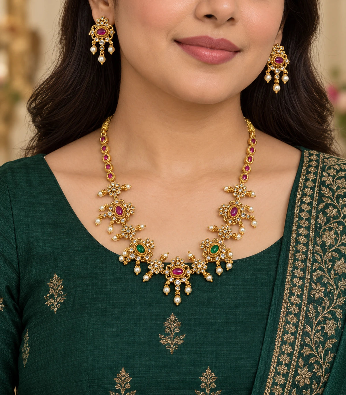 Gold-tone magenta and green floral necklace set and matching earrings worn with a green outfit