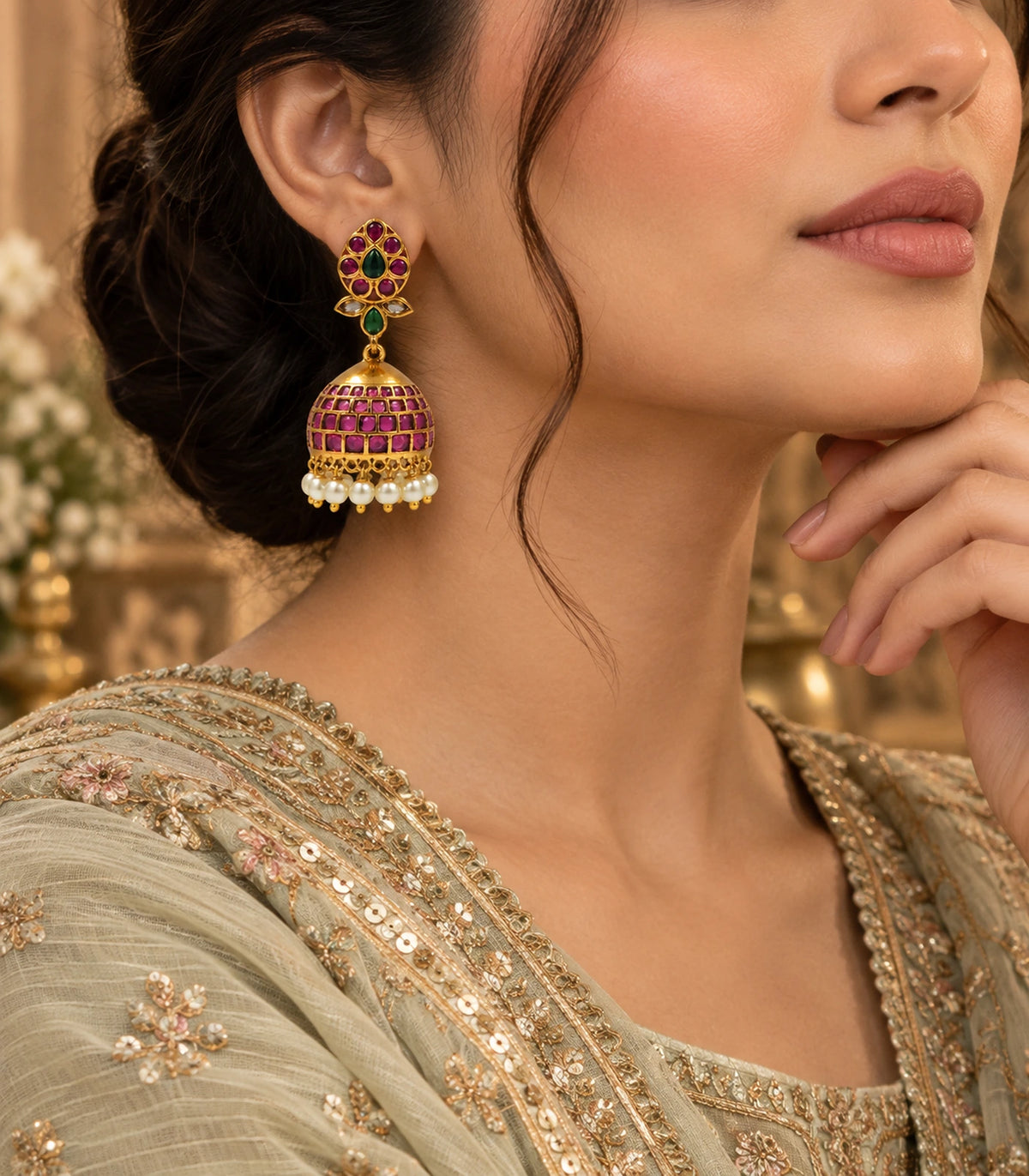 Side view of one magenta and green jhumka earring worn with embroidered ivory and gold clothing