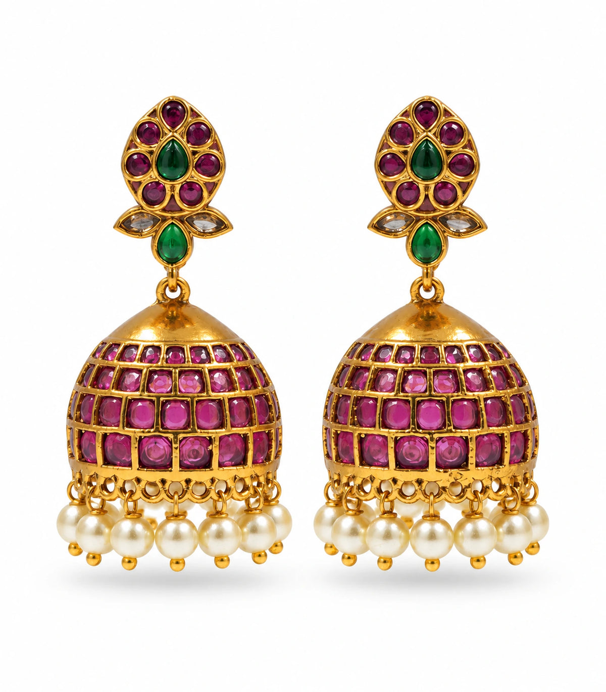 Pair of gold-tone magenta and emerald-green grid jhumka earrings with pearl fringe on white