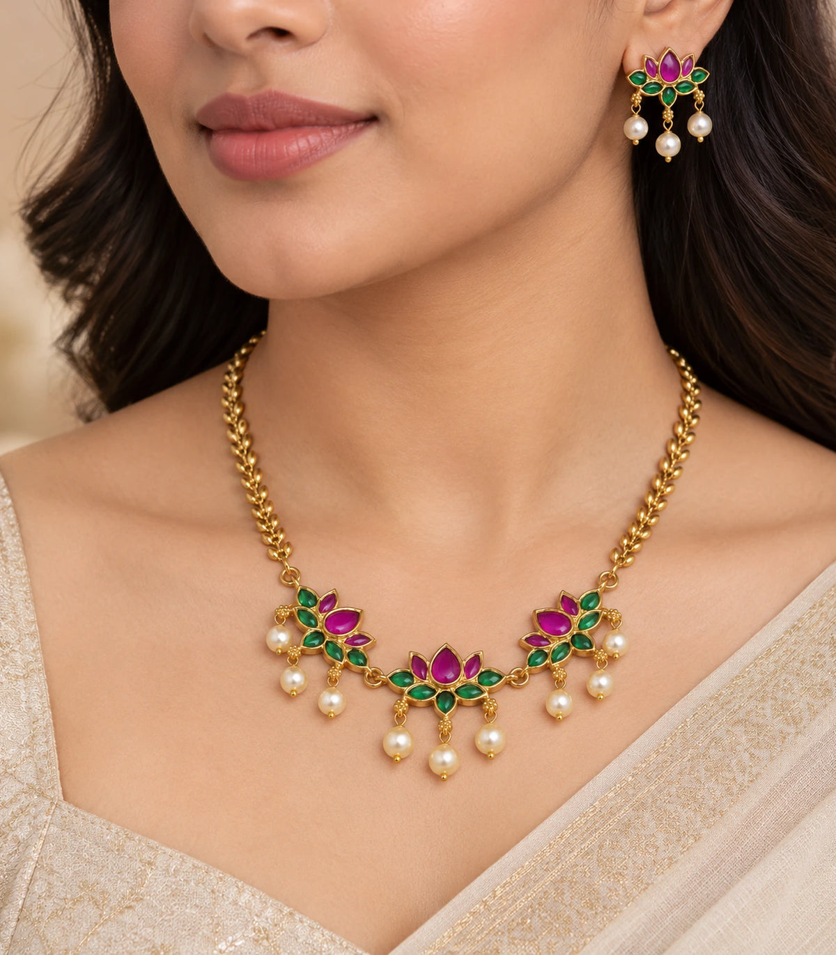 Close view of the lotus necklace and matching earring with magenta and green details and pearl-style drops