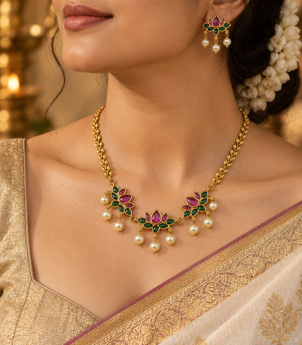 Gold Magenta Emerald Lotus Pearl Necklace Set worn with a gold saree in an editorial portrait