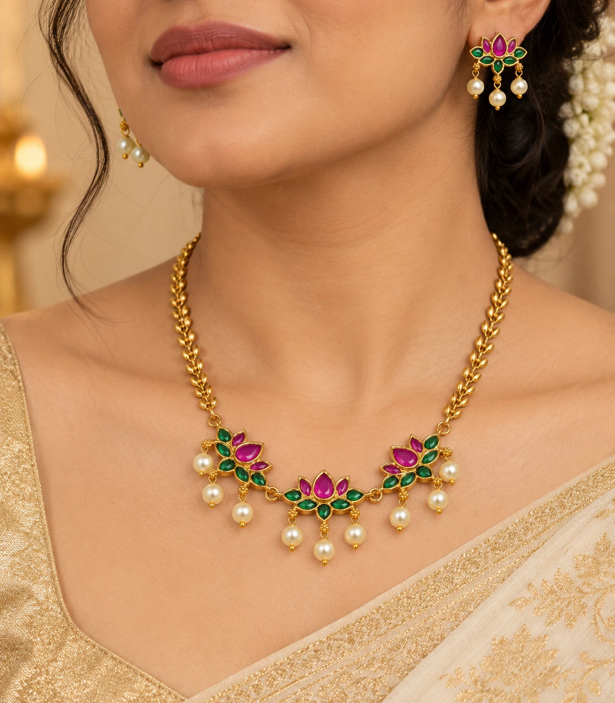 Gold Magenta Emerald Lotus Pearl Necklace Set worn with ivory and gold clothing