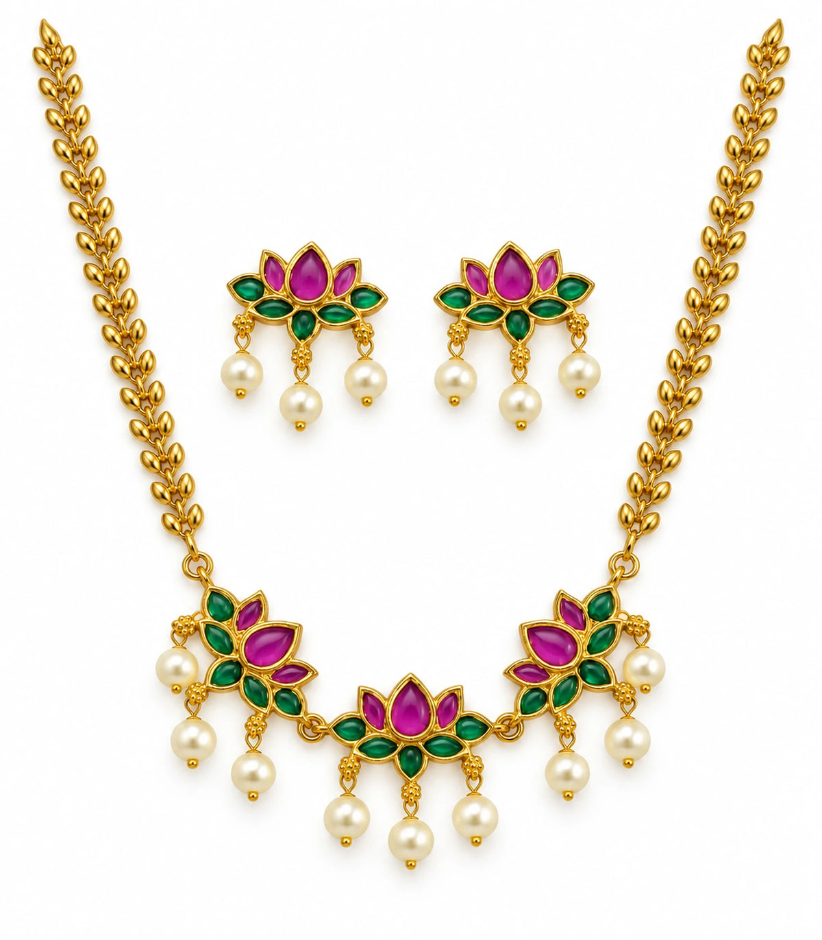 Gold-tone magenta and emerald-green lotus necklace with nine pearl-style drops and two matching earrings on white