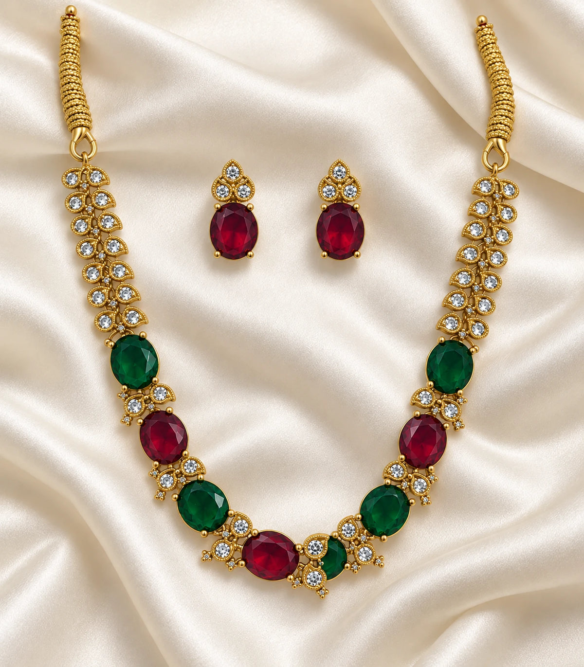 Complete gold-tone magenta and green oval necklace set arranged on cream fabric