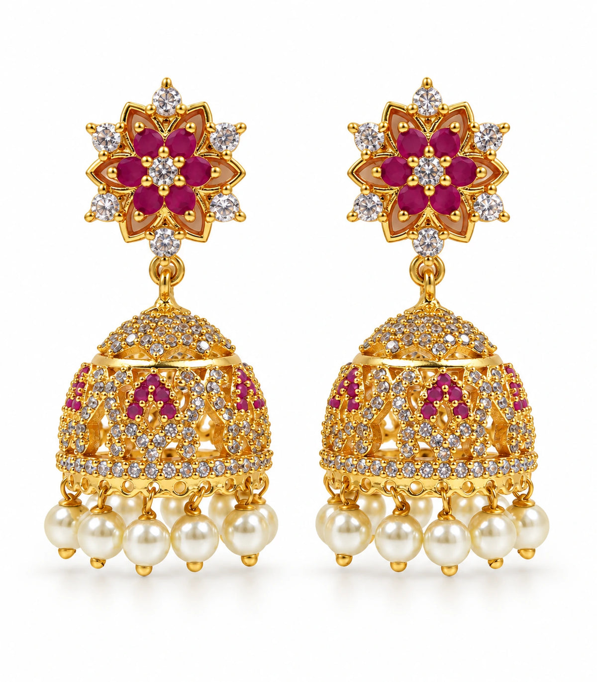 Gold Magenta Floral Crystal Pearl Jhumka Earrings — complete pair on white background