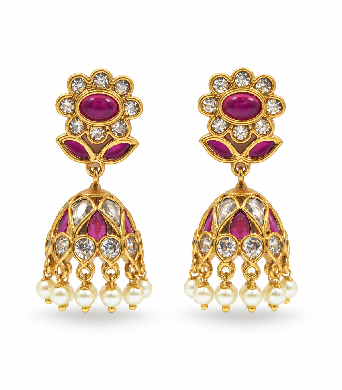 Gold magenta floral jhumka earrings with clear stones and pearl fringe, full pair on white