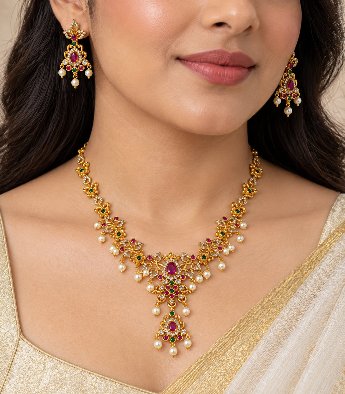 Closer worn view of magenta teardrop accents, green floral centres and white pearl-look fringe on the necklace set.