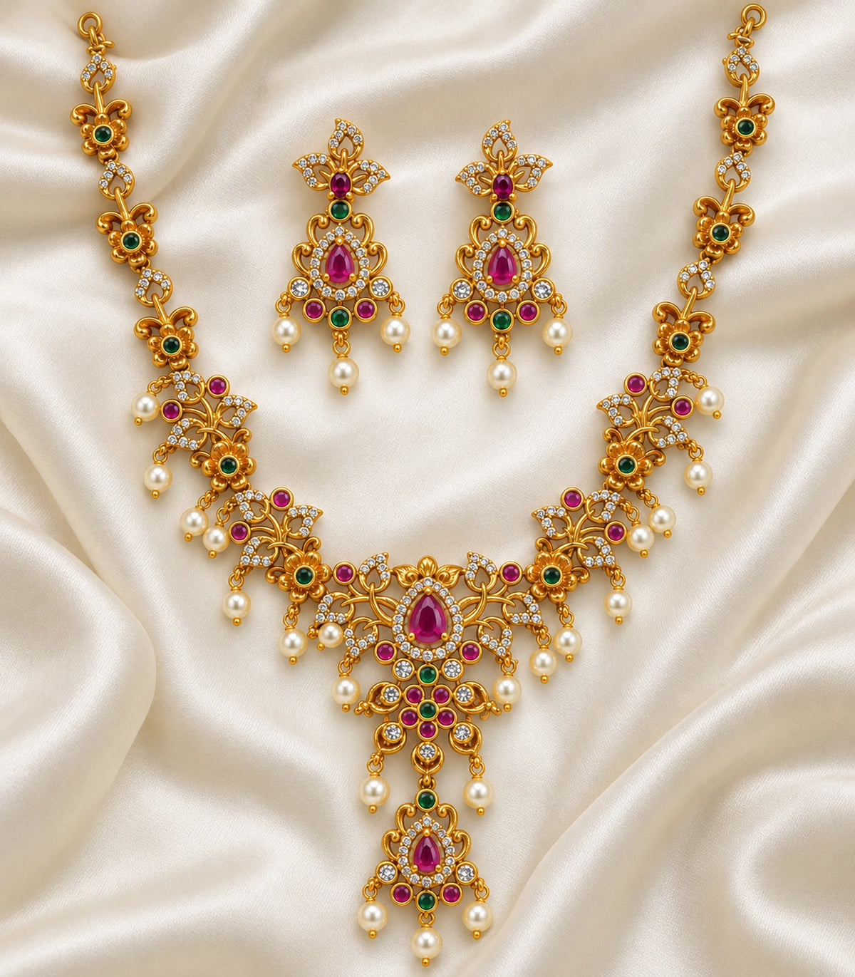 Complete gold-tone magenta floral necklace and matching pair of pearl-look drop earrings arranged on ivory fabric.