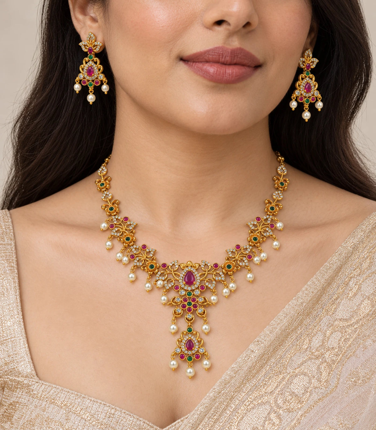 Gold-tone magenta floral necklace and matching drop earrings worn with a light gold outfit.