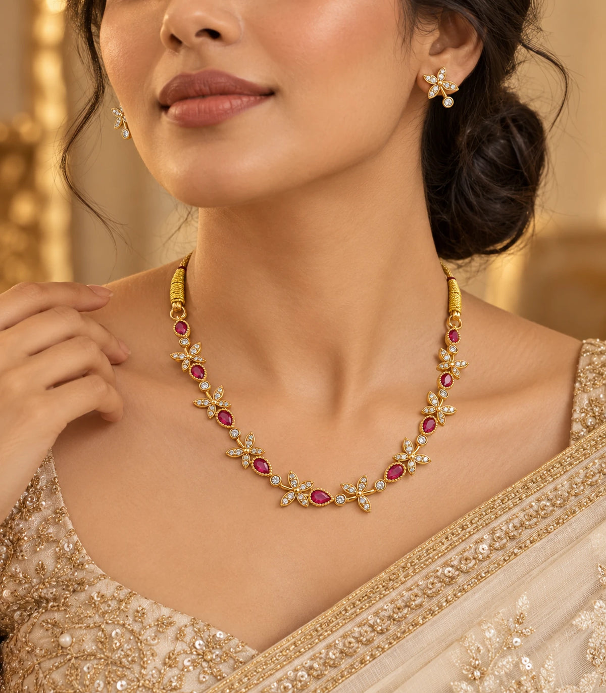 Gold Magenta Leaf Crystal Necklace Set worn with matching clear earrings in an editorial view