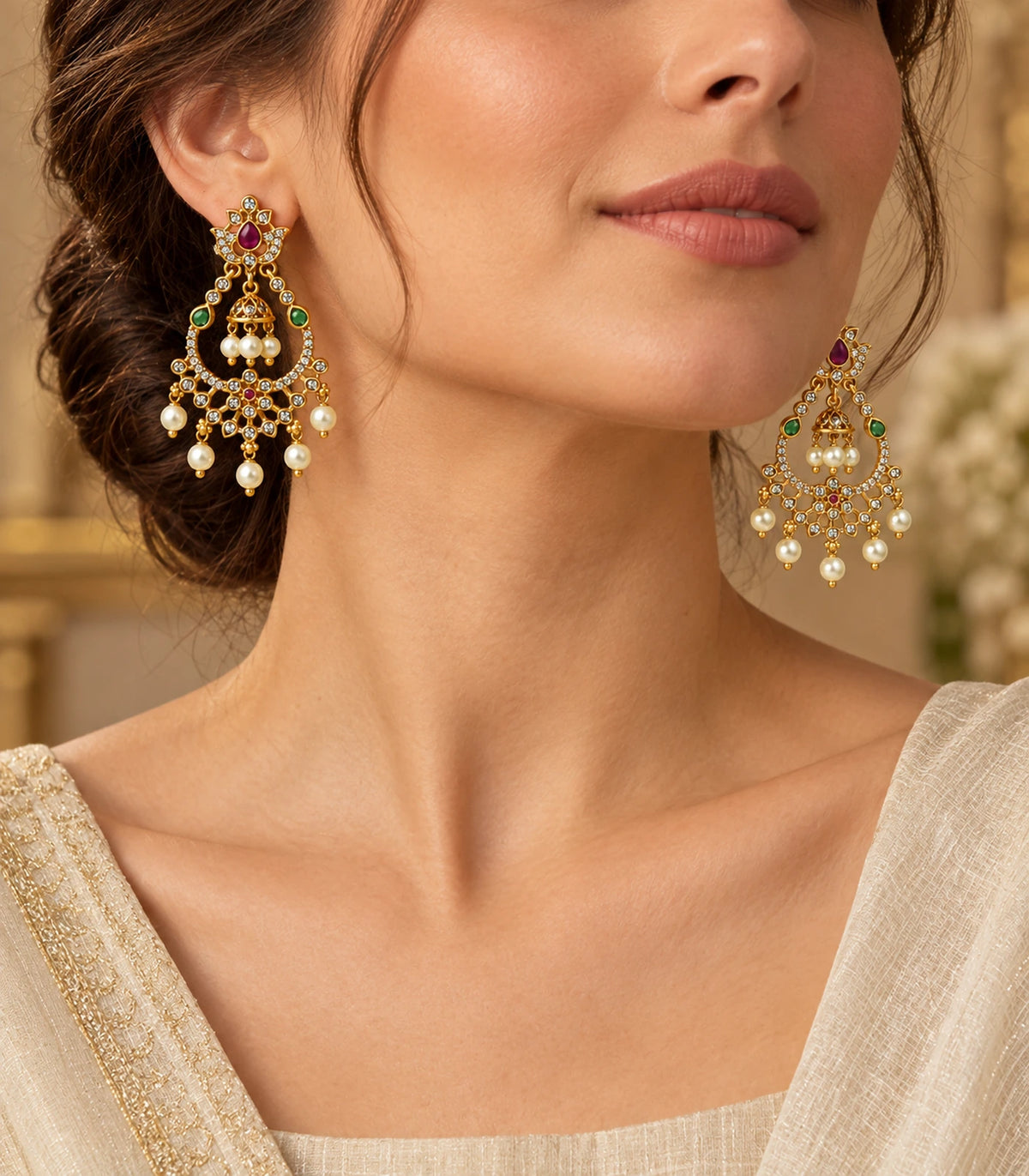 Gold-tone magenta and green bell-centre chandbali earrings in warm editorial styling