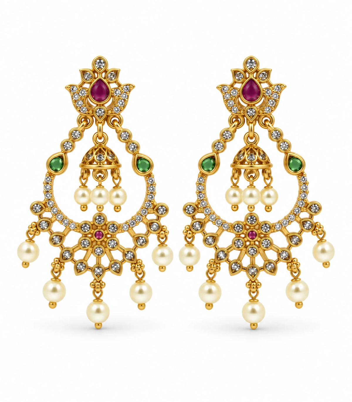 Matching gold-tone magenta and green chandbali earring pair with central bells and pearl-style drops on white