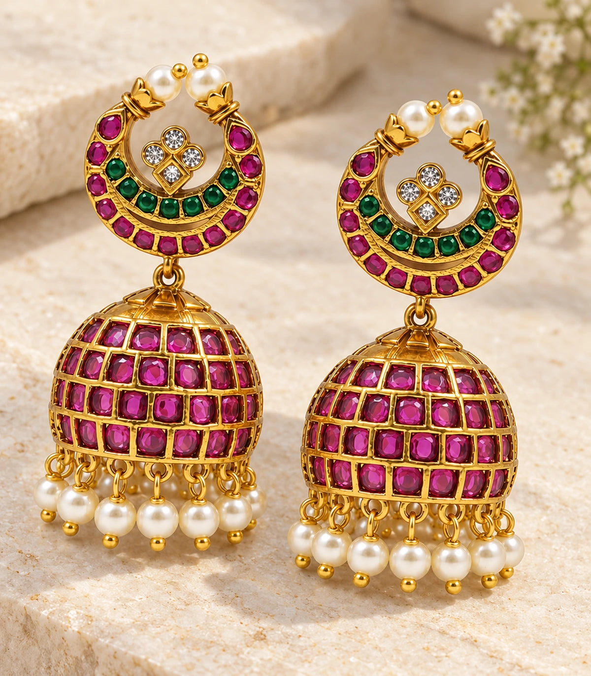 Pair of magenta and green circular lattice jhumka earrings with white pearl-like drops styled on pale stone
